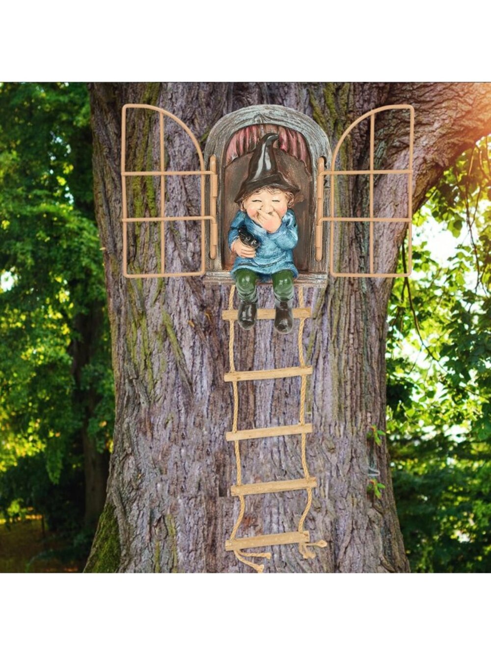 Whimsical Garden Gnome Decor - Outdoor Tree Faces with Hanging Ladder Sculpture